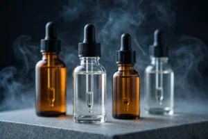 Elegant e-liquid dropper bottles on a stone surface representing nic salt vape juice