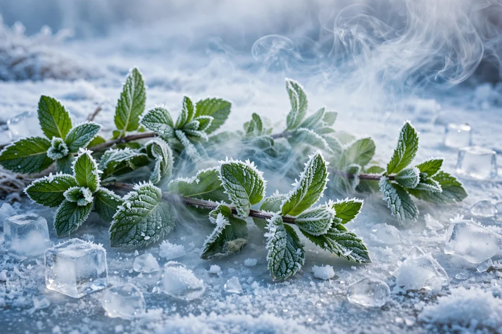 Frosted mint leaves and ice cubes representing the best menthol vape juice cool picks