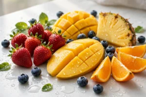 Fresh colorful fruits with water droplets representing the best fruit vape juice top picks