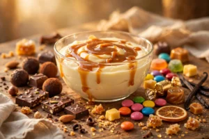 Indulgent dessert with custard and candies representing sweet vape juice indulgent flavors